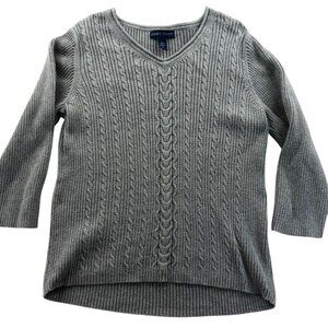 Karen Scott Women's Sweater Large V-Neck Soft Gray Cable Knit Pullover Cotton
